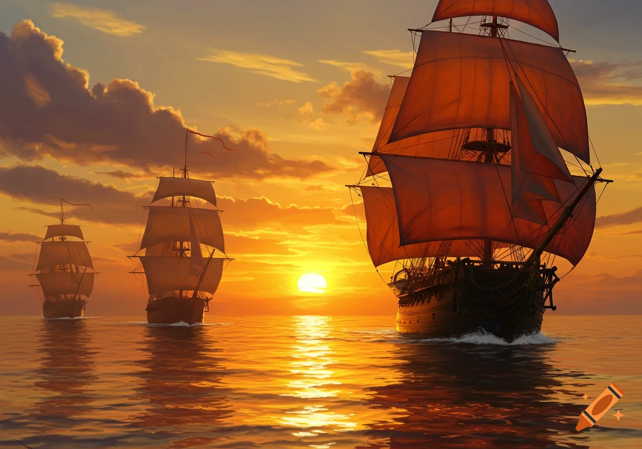 Elven sailing ship with golden sails at sunset on Craiyon
