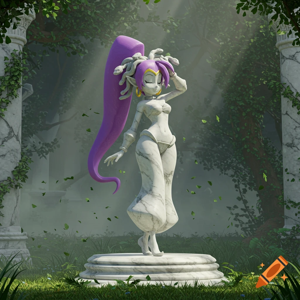 Stylized 3D render of Shantae as a marble statue with purple hair, standing in an overgrown forest with ancient columns.