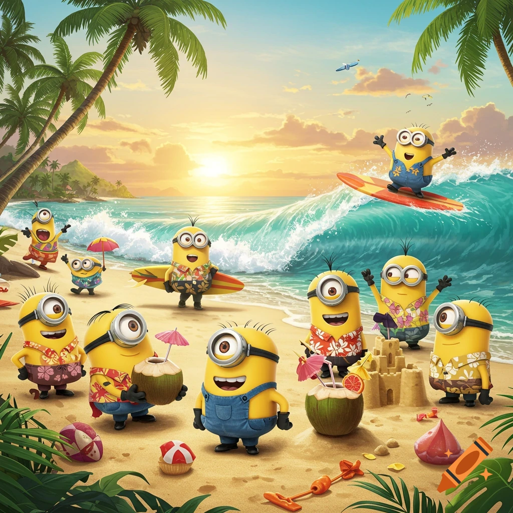 Many Minions enjoy a tropical beach at sunset, with some surfing and others relaxing with drinks and sandcastles.