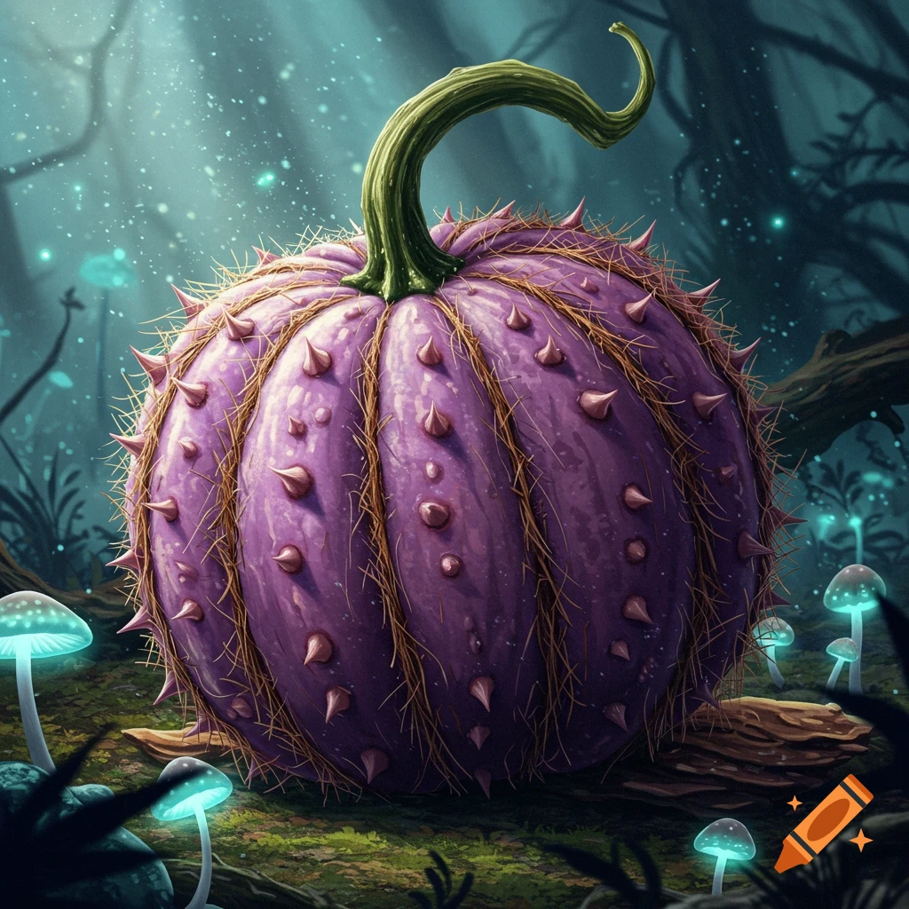 A vibrant purple, spiky squash with coconut-like hairs and a green stem in a magical forest with glowing blue mushrooms.