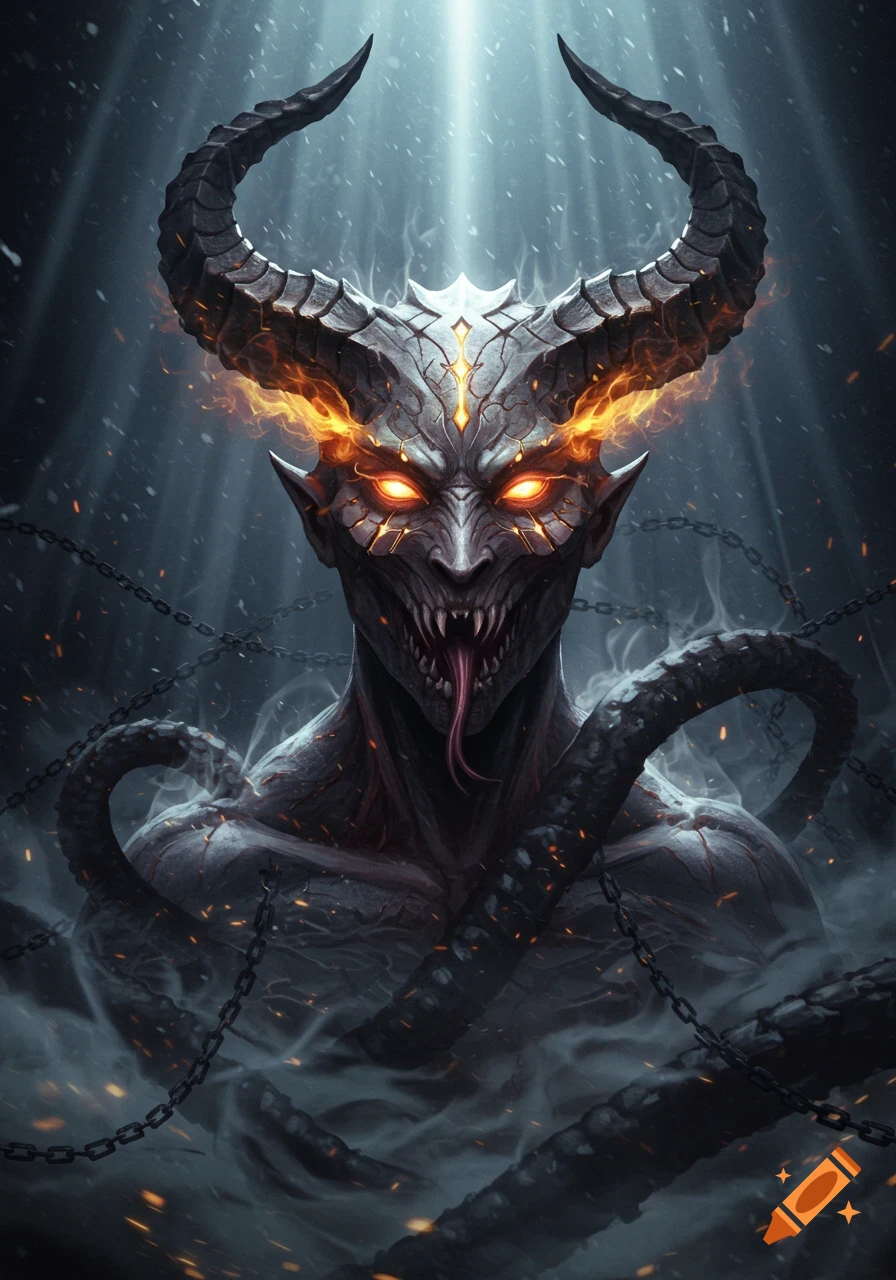 Digital painting of a menacing demon with glowing eyes, horns, sharp teeth, forked tongue, smoke, and chains.