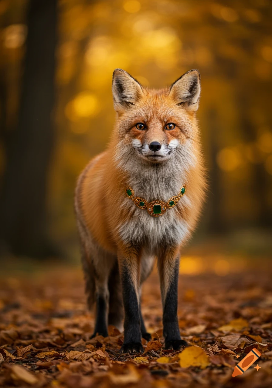 A photorealistic image of a fox wearing an ornate gold and emerald necklace, standing in an autumn forest with fallen leaves.