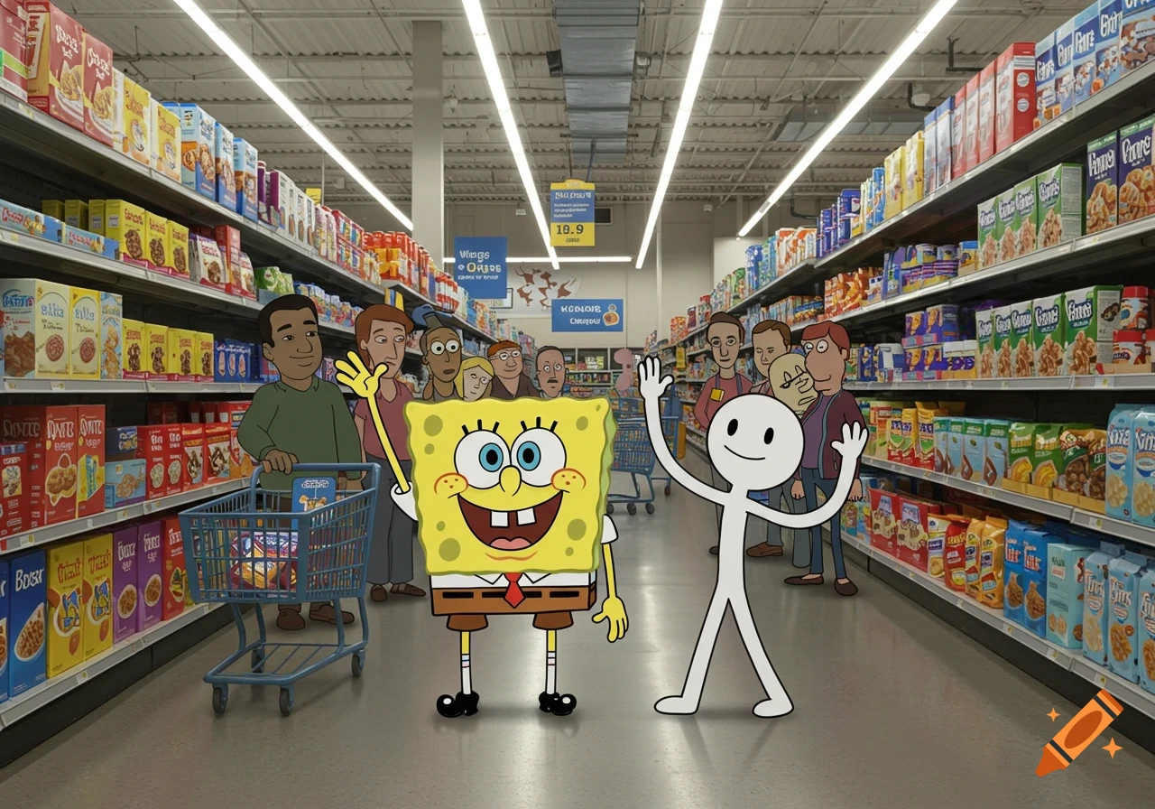 Spongebob and a stick figure wave in a grocery store aisle filled with cereals, alongside a diverse crowd of people.