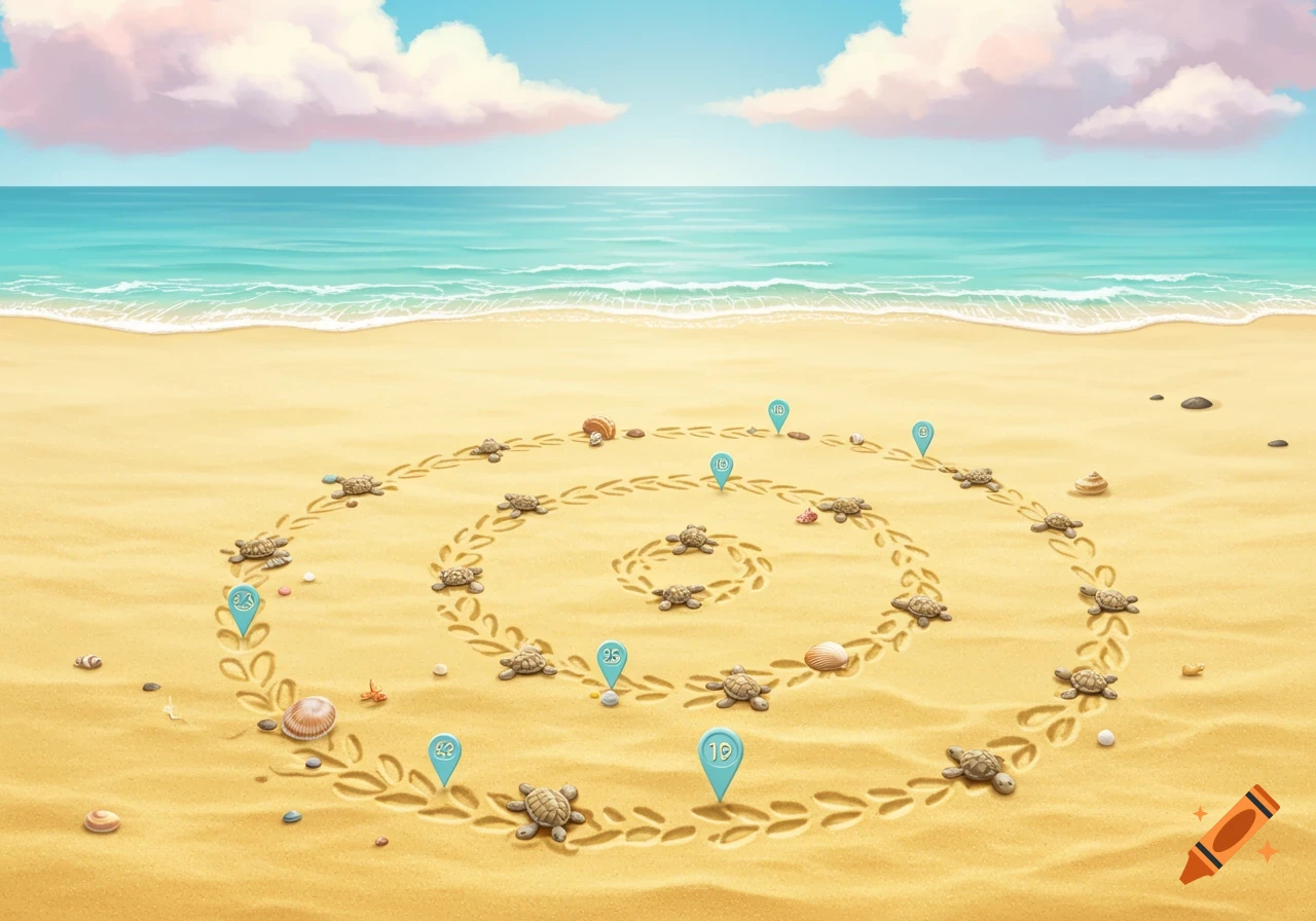 A whimsical illustration of baby turtles leaving spiral tracks on a sandy beach leading to the ocean under a clear sky. Blue numbered pins mark points on the timeline.