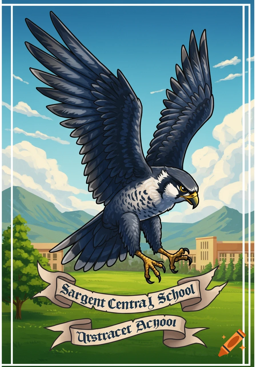 Cartoon-style falcon mascot flying over a school, with banners reading 'Sargent Central School' and 'Urstracer Achoo'.