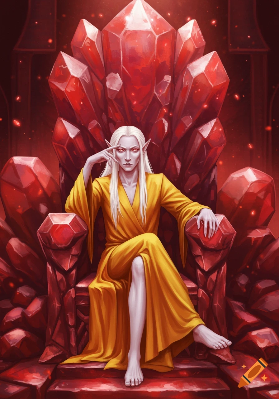 An albino elf with white hair and red eyes sits contemplatively on a grand throne made of red ruby crystals, wearing a yellow gown.