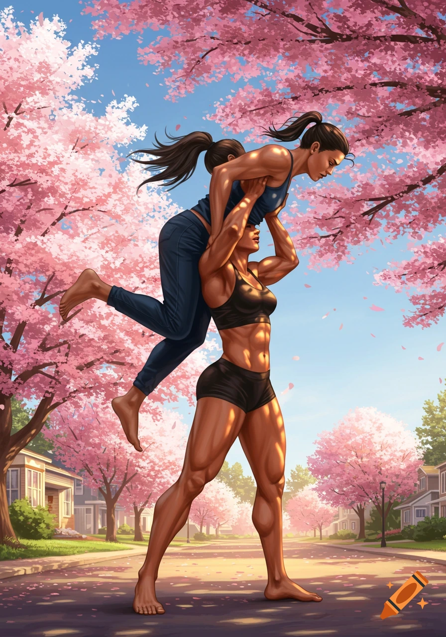 A strong, muscular woman lifts another woman overhead, both barefoot, on a sunlit street lined with pink cherry blossom trees. Illustration.