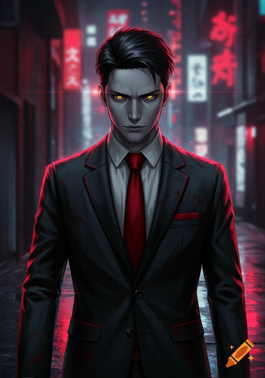 A serious-looking anime man in a black suit with a red tie and glowing yellow eyes stands in a neon-lit red urban alley.