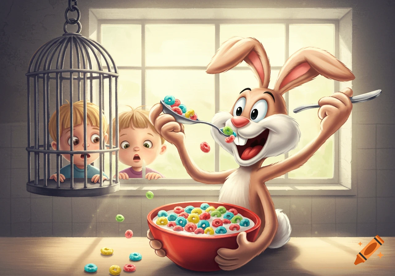 A cartoon Trix rabbit happily eats colorful cereal from a spoon, holding a red bowl. Two surprised children look on from a hanging birdcage in the background.