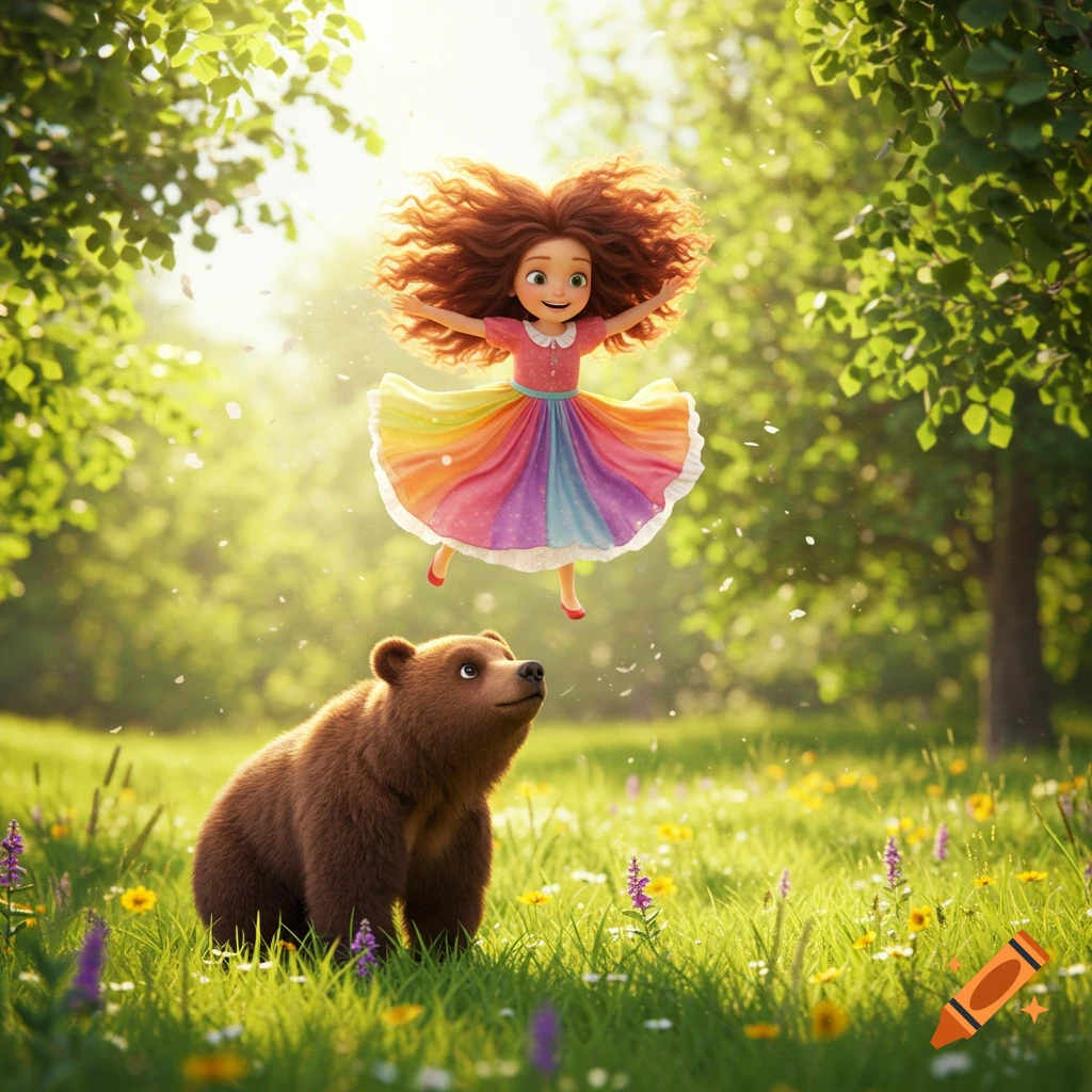 A cute cartoon girl with big curly hair floats above a brown bear in a sunny, flower-filled green meadow.