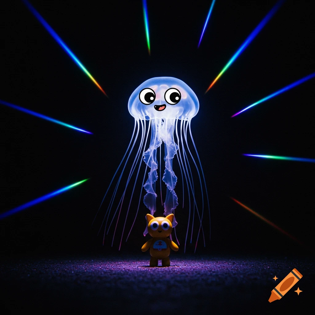 A cartoon jellyfish with large eyes floats above a small Labubu toy on a dark, textured surface, illuminated by colorful light beams.