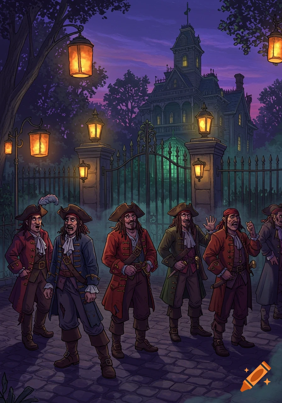 An illustration of a group of pirates standing in front of a spooky, grand haunted mansion at dusk, lit by glowing lanterns.