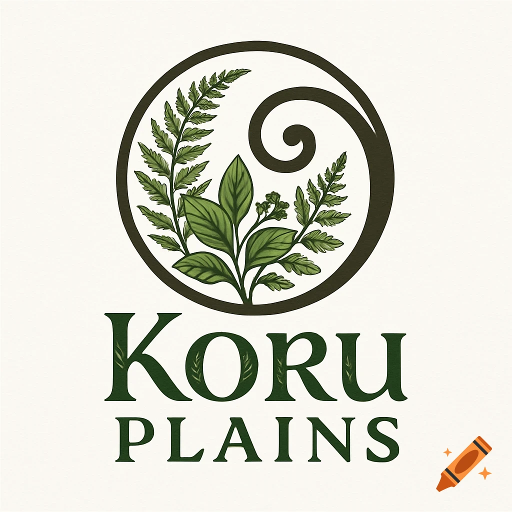 A logo featuring green leaves and ferns inside a dark circle, with 'KORU PLAINS' text below.