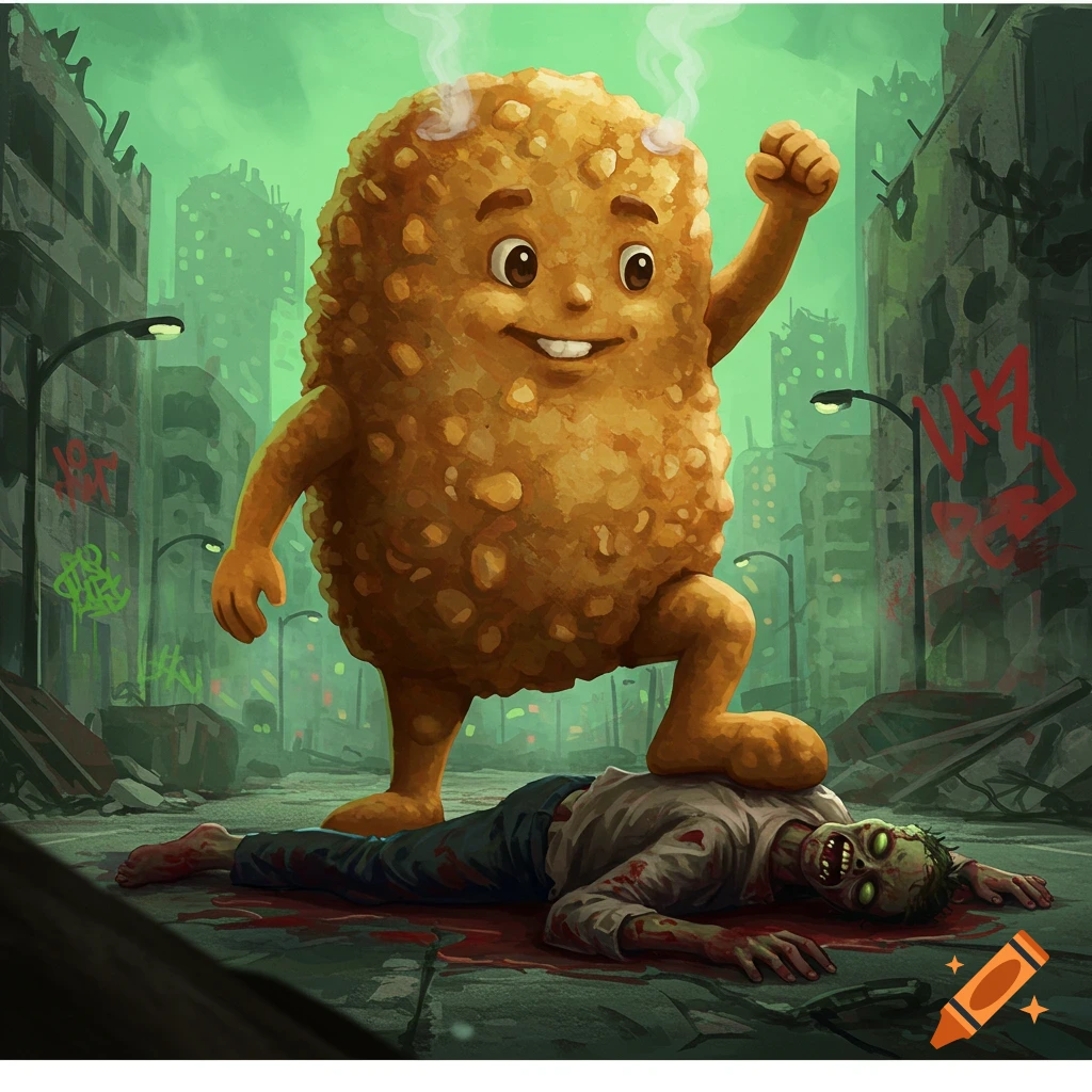 A giant, happy tater tot monster stands victoriously with its foot on a zombie in a ruined city with green lighting.