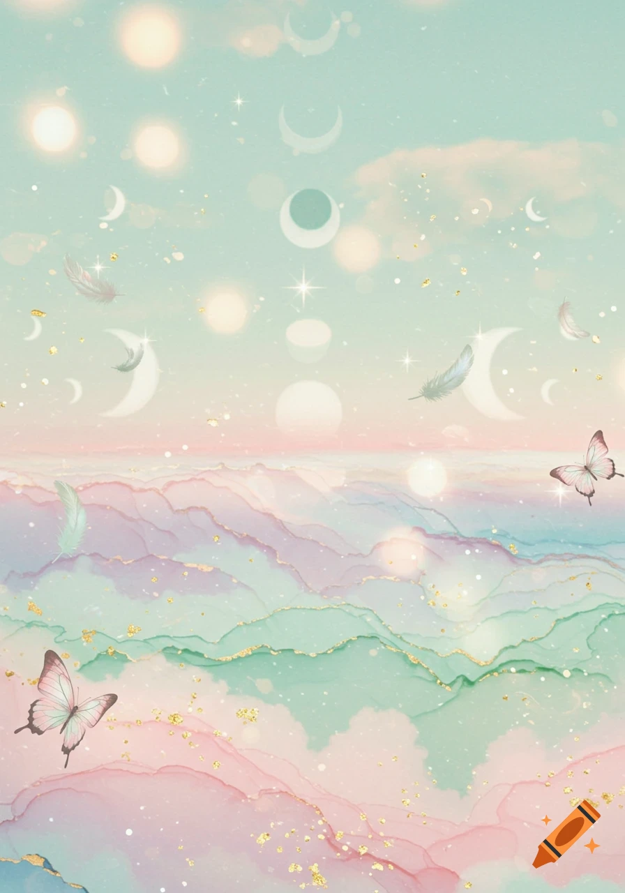 Dreamy pastel watercolor background with flowing waves of pink, purple, and green, adorned with moon phases, glowing bokeh, feathers, butterflies, and gold flecks.