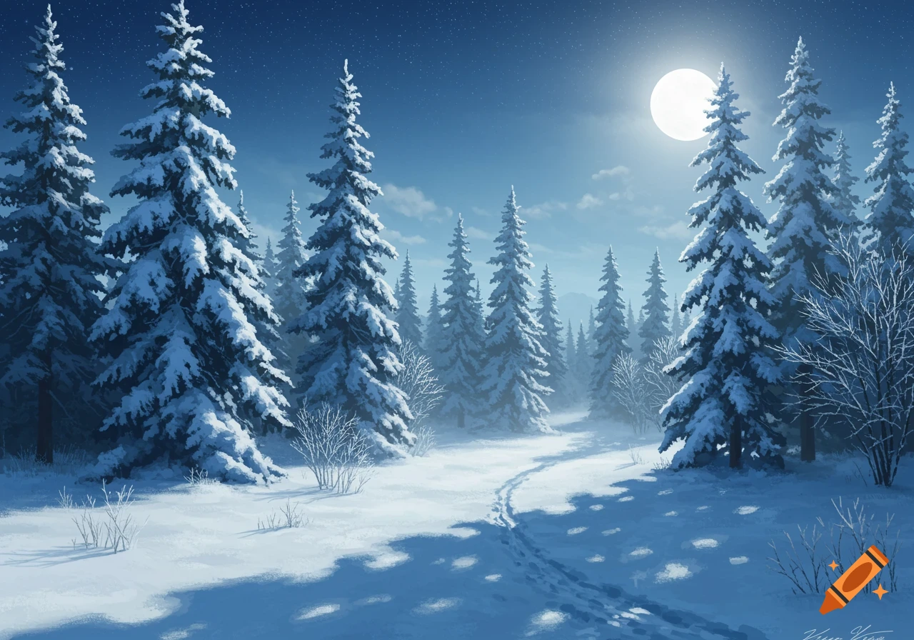 A serene snowy forest at night, illuminated by a bright full moon, with a winding path through the snow-covered trees.