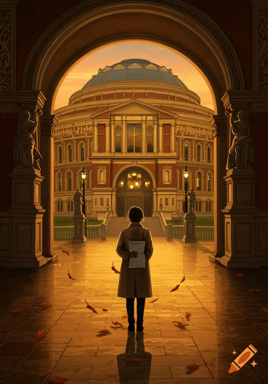 A person in a trench coat views the Royal Albert Hall at sunset through an archway, holding a paper with 'Resignation'. Illustration.