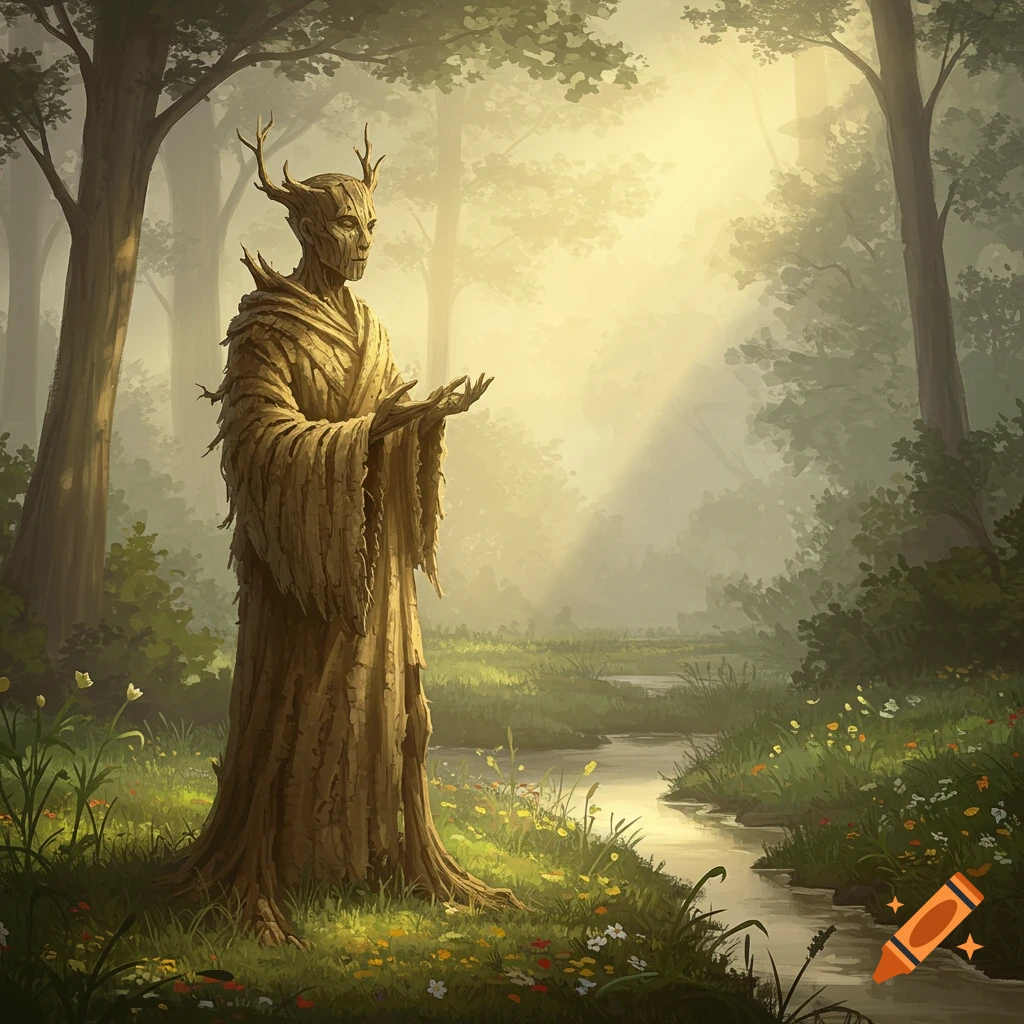A painterly image of a man made of tree bark, resembling a monk, standing with open hands in a sunlit, misty forest with a stream.