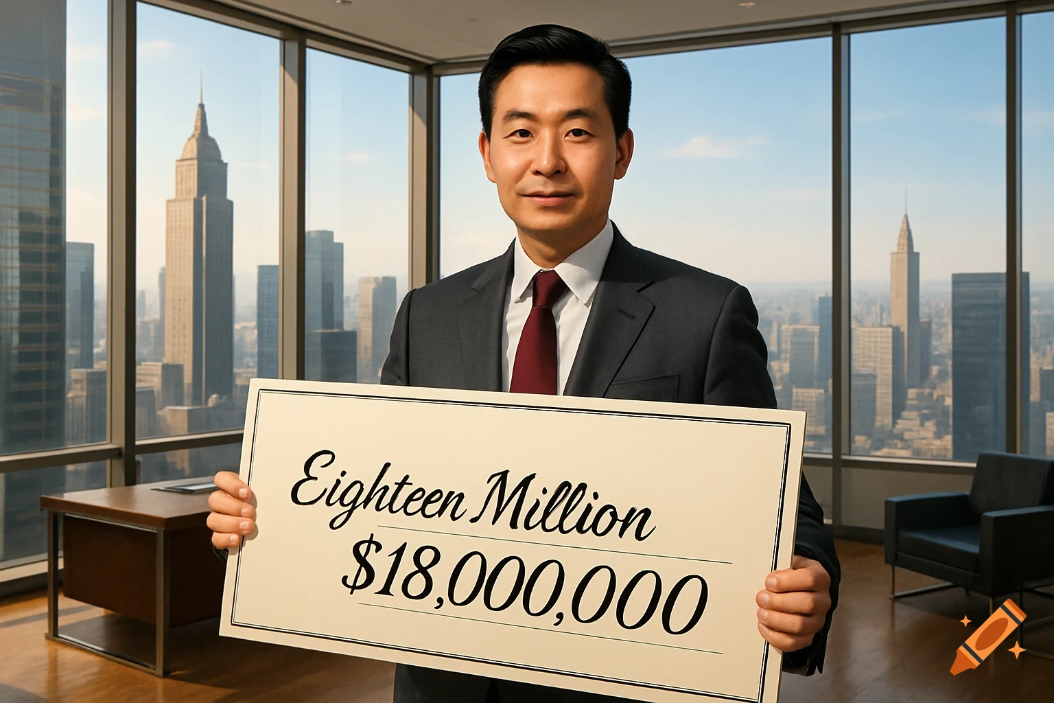 A businessman in a suit holds a large check for eighteen million dollars in an office overlooking a cityscape.