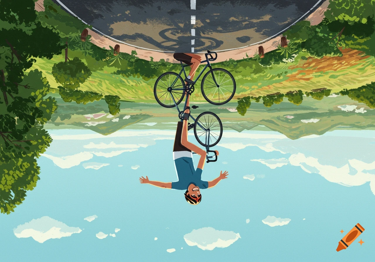 A vibrant cartoon illustration of a joyful cyclist and their bike, positioned upside-down with the road above and sky below.