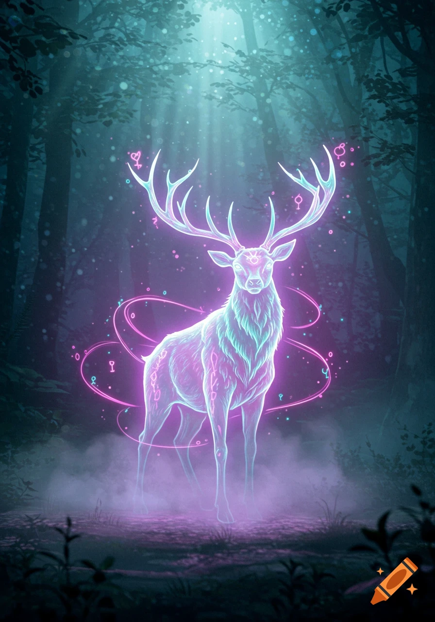 A glowing, ethereal stag with large antlers stands in a dark, misty forest, surrounded by swirling pink and blue light and symbols.