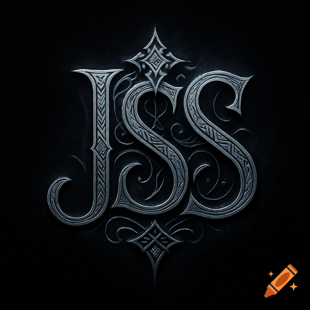 An ornate, dark silver metallic sigil with intricate patterns, forming the letters 'JSS' on a black background.