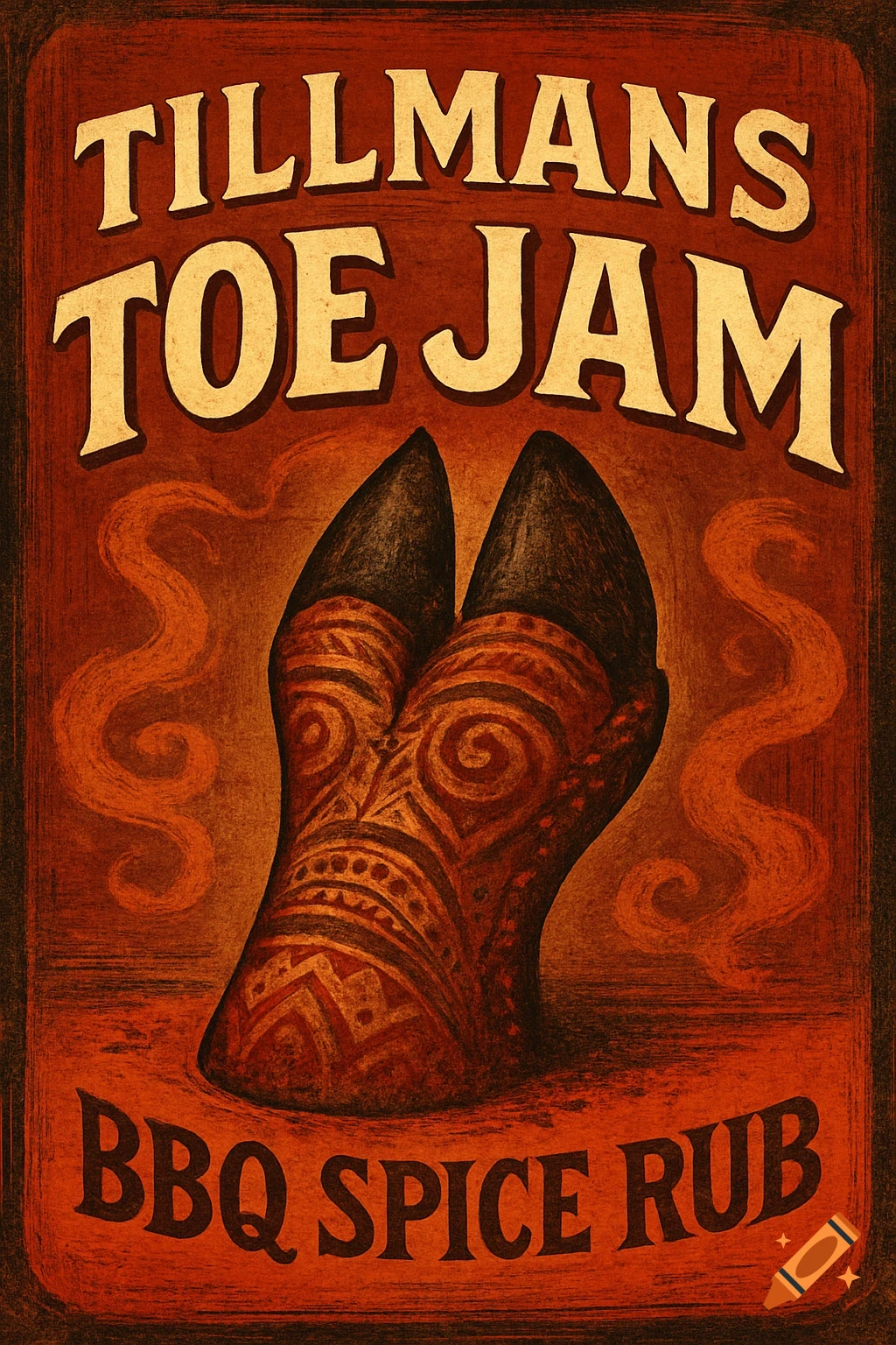 A vintage-style poster for 'Tillmans Toe Jam BBQ Spice Rub' featuring a stylized, patterned hoof in the center.