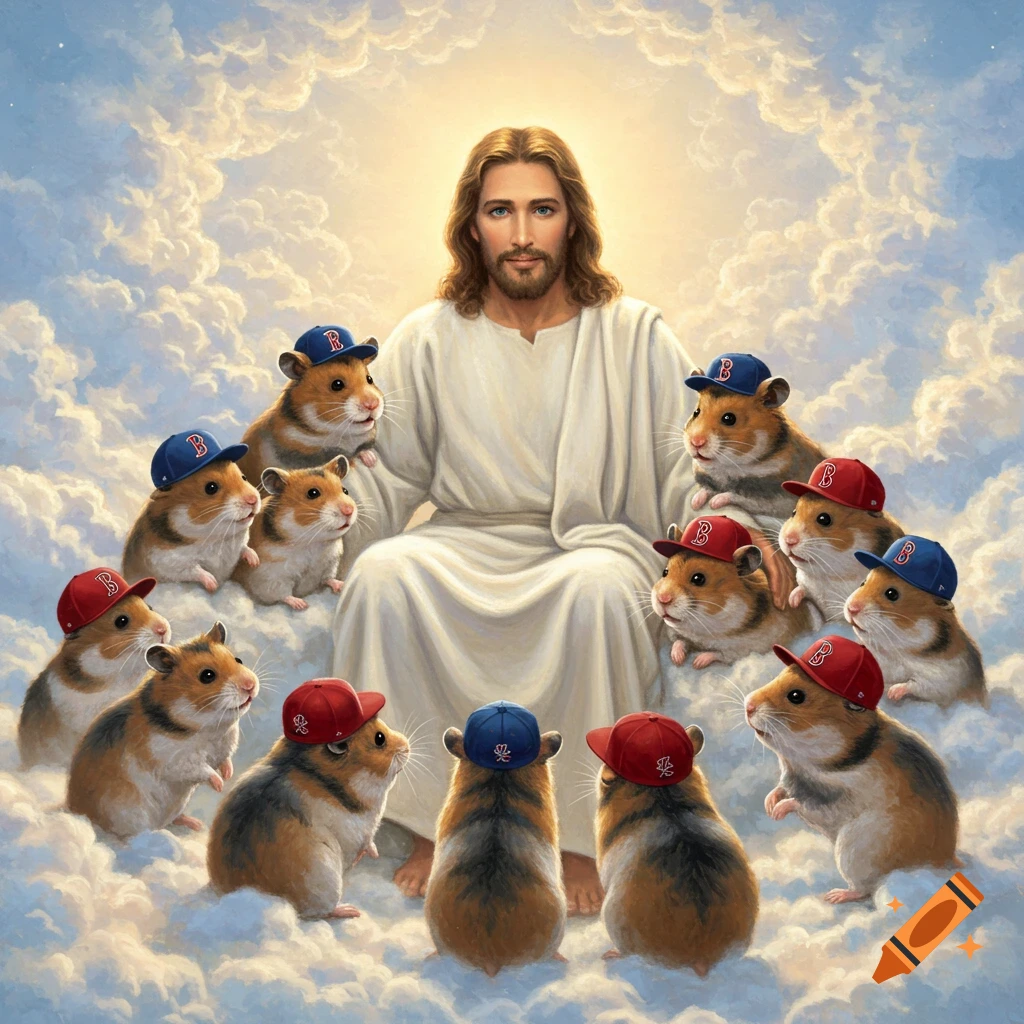 Jesus sits on clouds surrounded by many hamsters wearing blue and red baseball caps with a 'B' logo, with a bright light behind him.