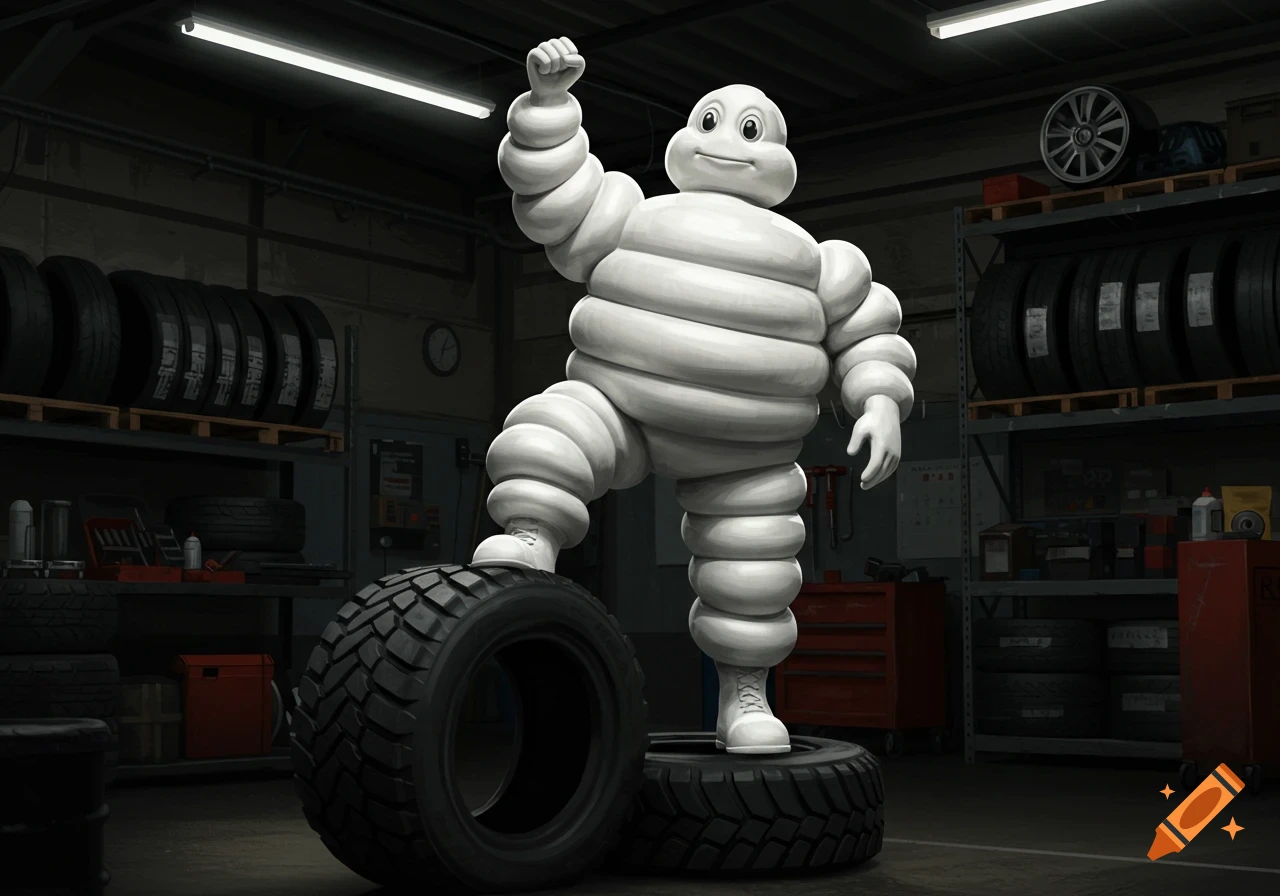 The Michelin Man stands with one foot on a large tire in a garage, raising his other arm in a triumphant pose.