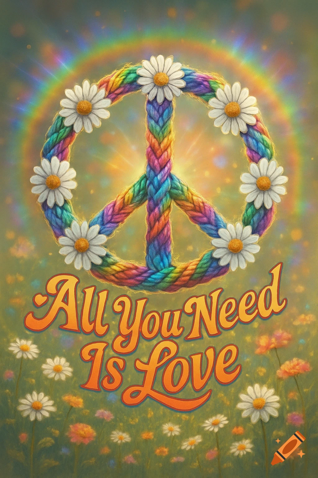 A colorful braided peace sign adorned with white daisies, set against a glowing rainbow and a field of green with scattered flowers. The text "All You Need Is Love" is prominently displayed below it.