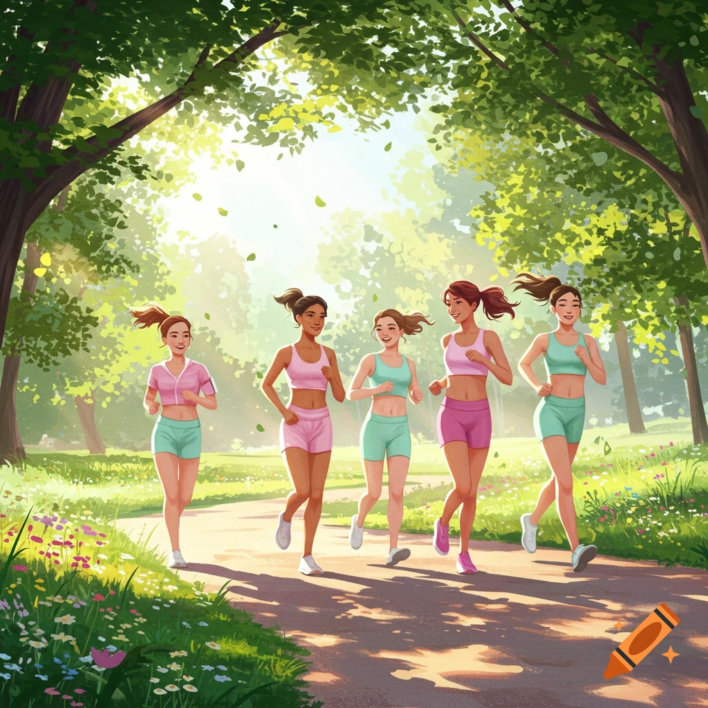 Five people, two women and three men, jogging down a tree-lined park ...