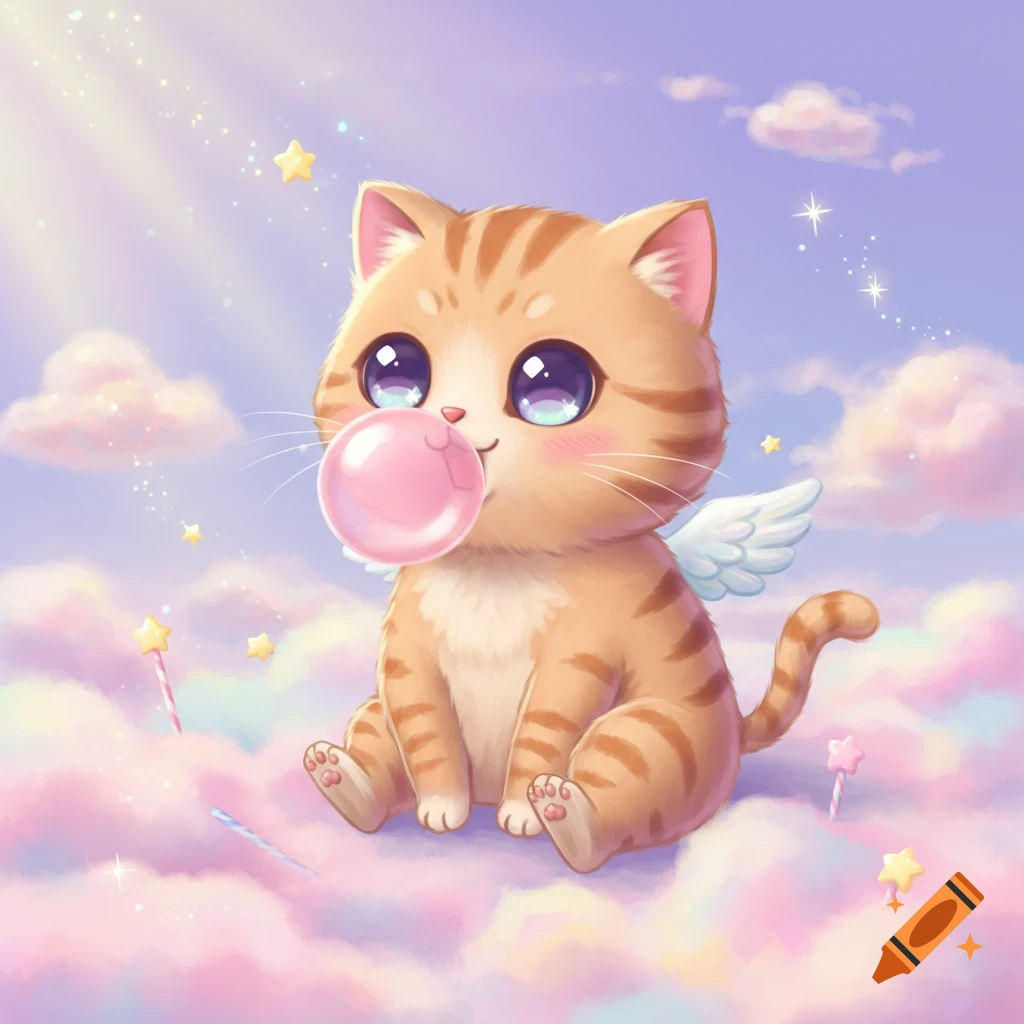 A cute orange tabby chibi cat with small wings sits on pastel clouds, blowing a pink bubblegum bubble amidst stars.