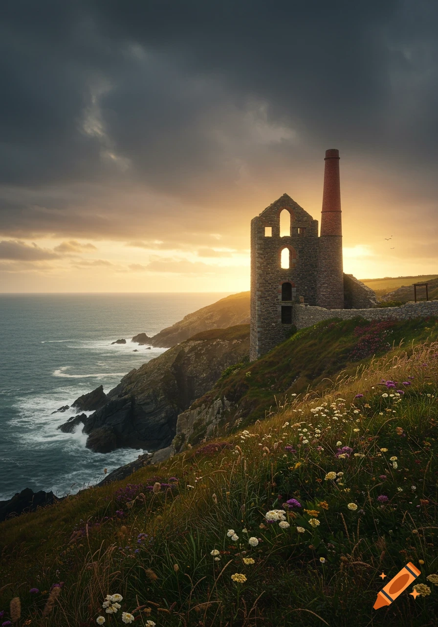 A photorealistic image of a ruined stone mine building with a tall chimney on a cliff overlooking the ocean at sunset, with wildflowers in the foreground.