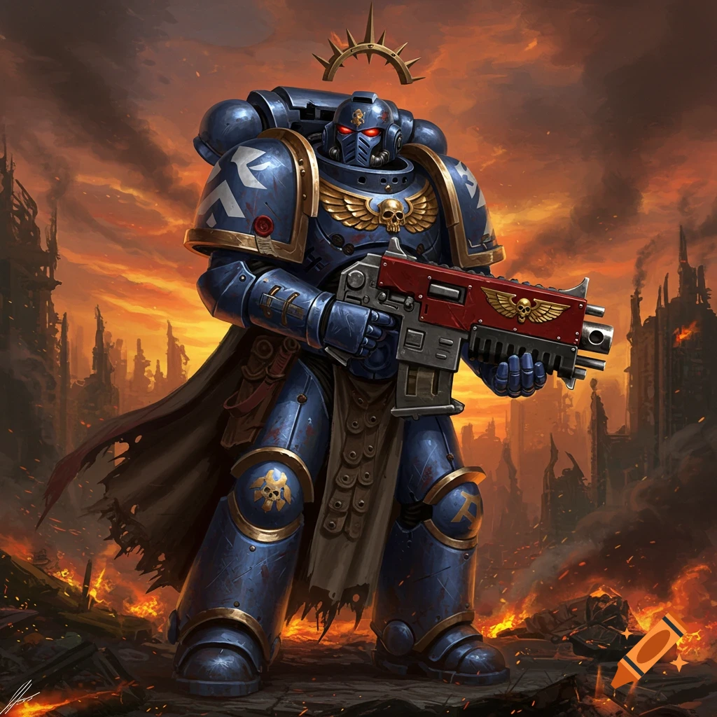 A heavily armored Space Marine warrior stands in a destroyed, burning city at sunset, holding a rifle.