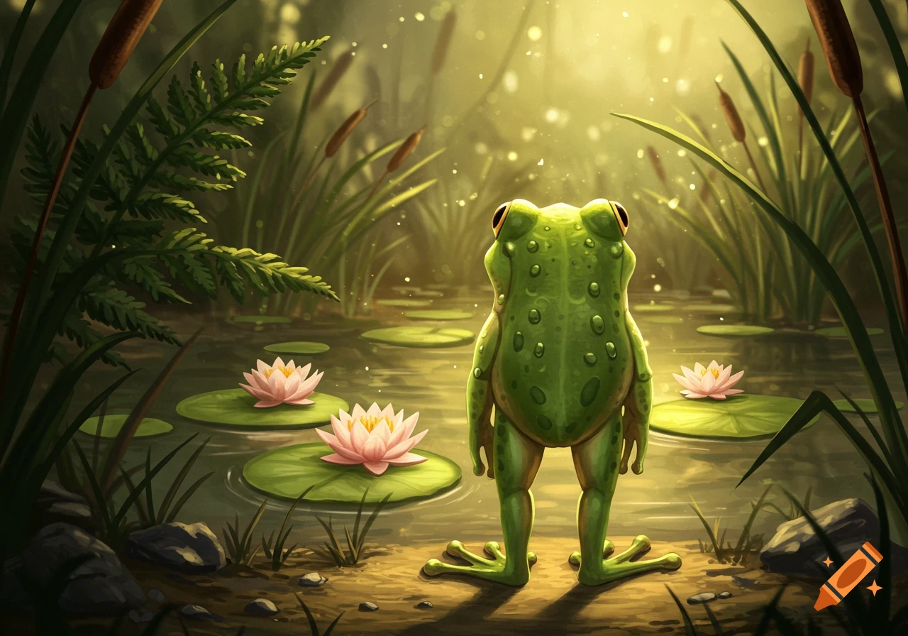 A stylized green frog stands at the edge of a sunlit pond, looking over its shoulder, surrounded by water lilies and reeds.