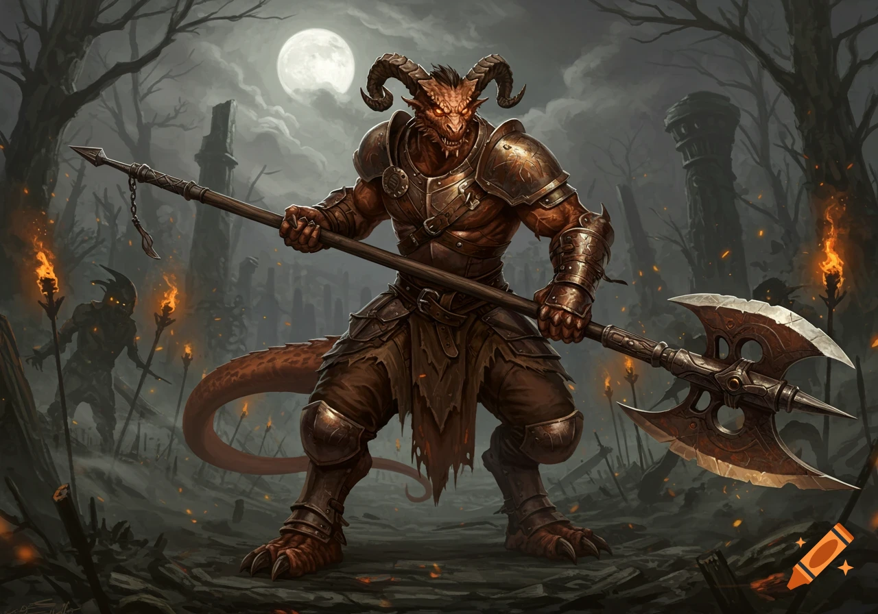 Bronze Dragonborn barbarian in armor holding a large halberd under a full moon in a ruined, dark fantasy landscape.