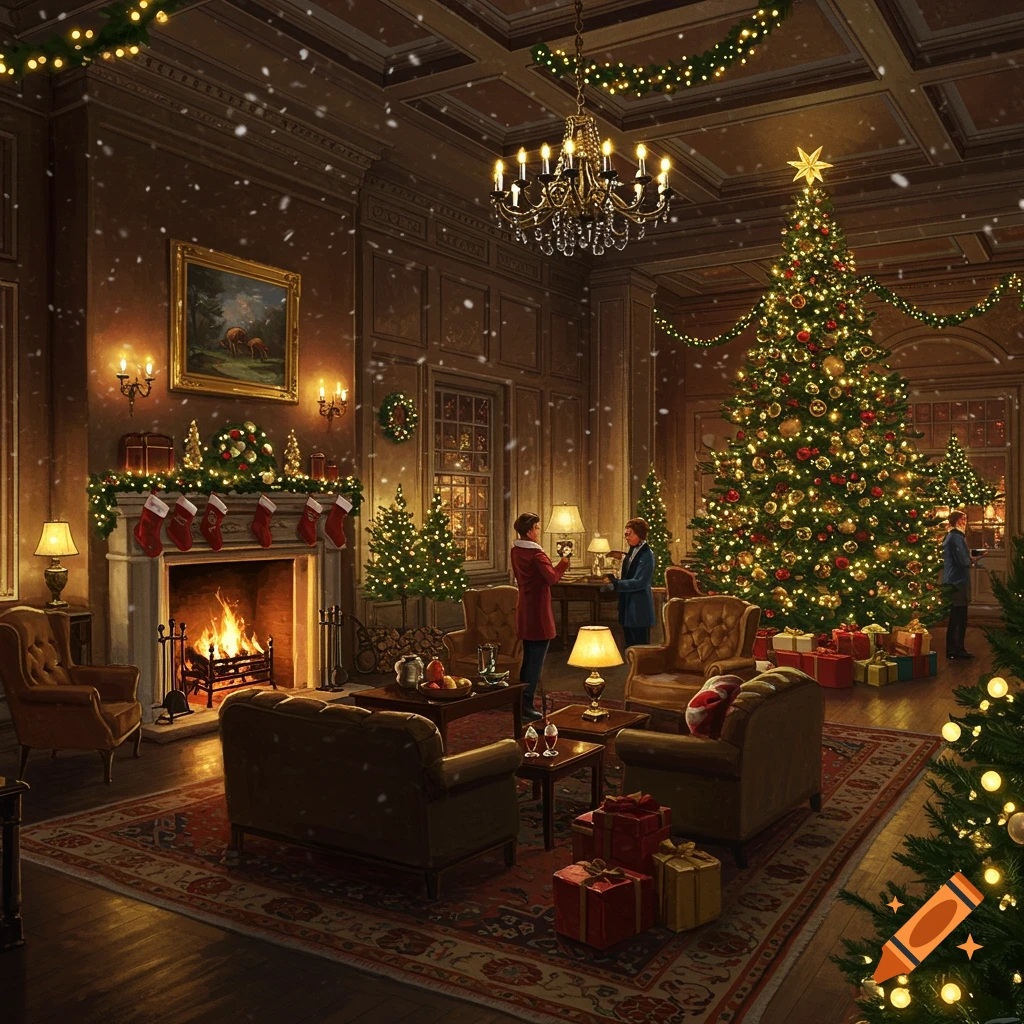 A warmly lit hotel lobby decorated for Christmas, featuring a grand fireplace, a large Christmas tree, and a few people mingling, with snow falling outside.
