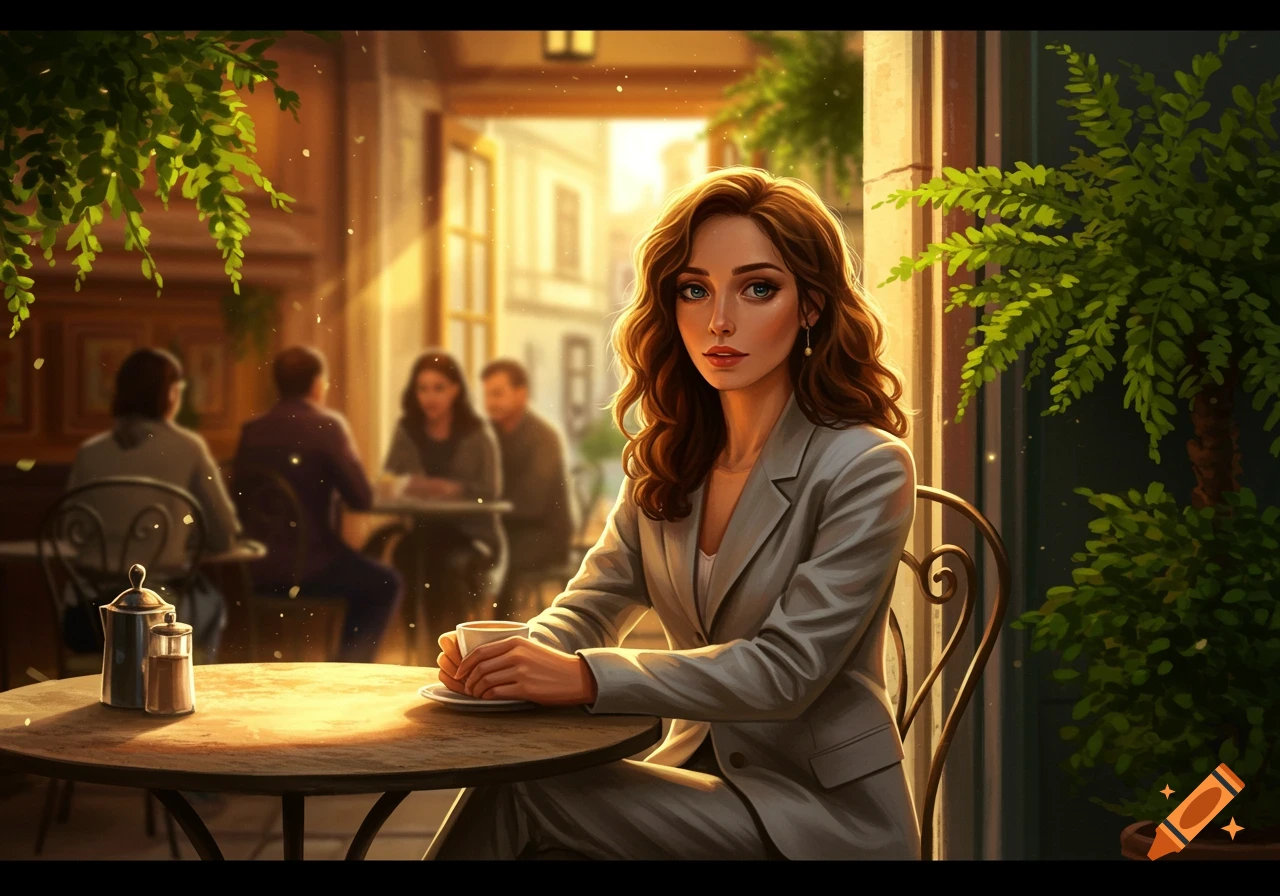 A woman with long brown hair in a gray suit sits at an outdoor cafe table, sipping coffee with blurred people in the sunny background.