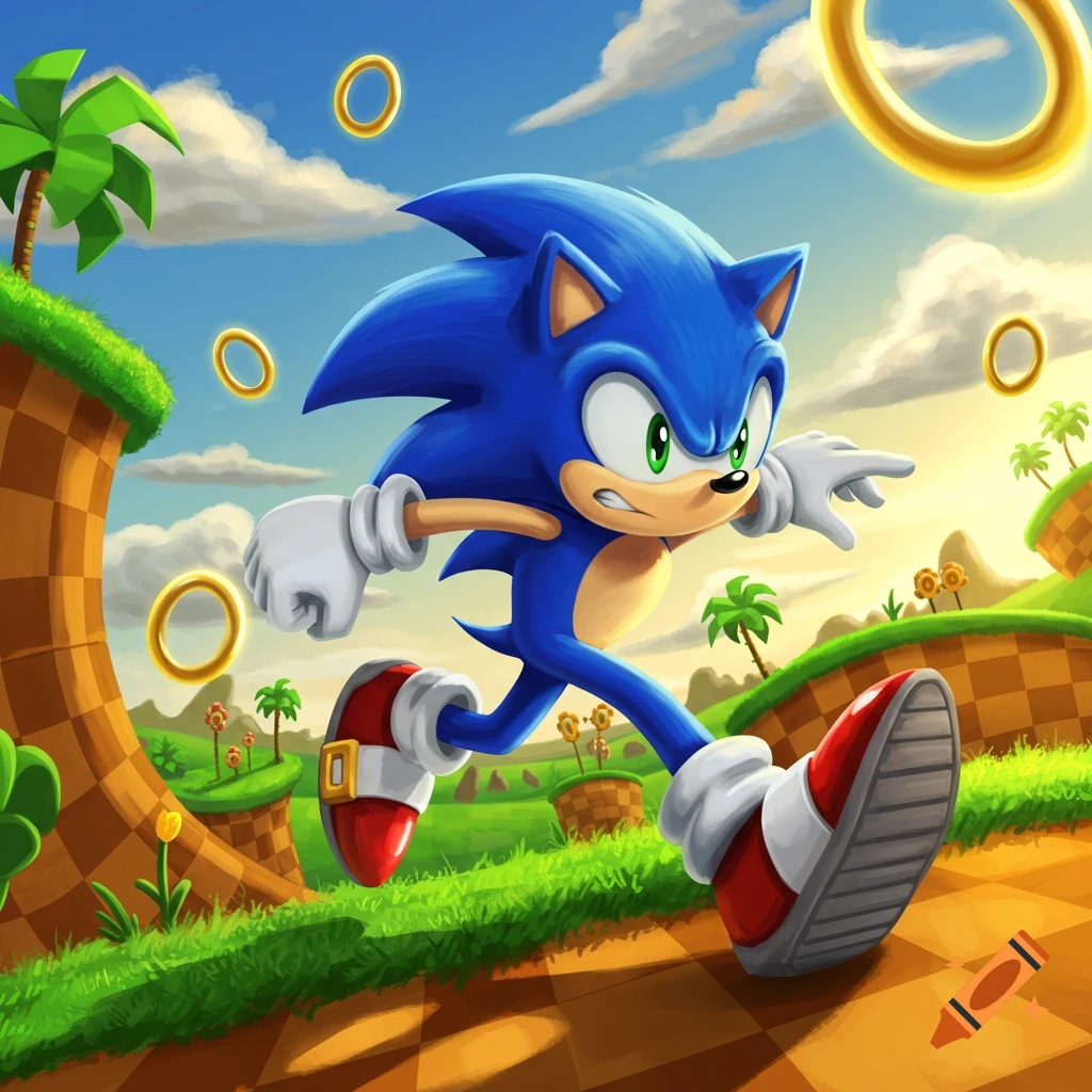 Sonic the Hedgehog races through a vibrant Green Hill Zone, with gold rings scattered around under a bright sky.