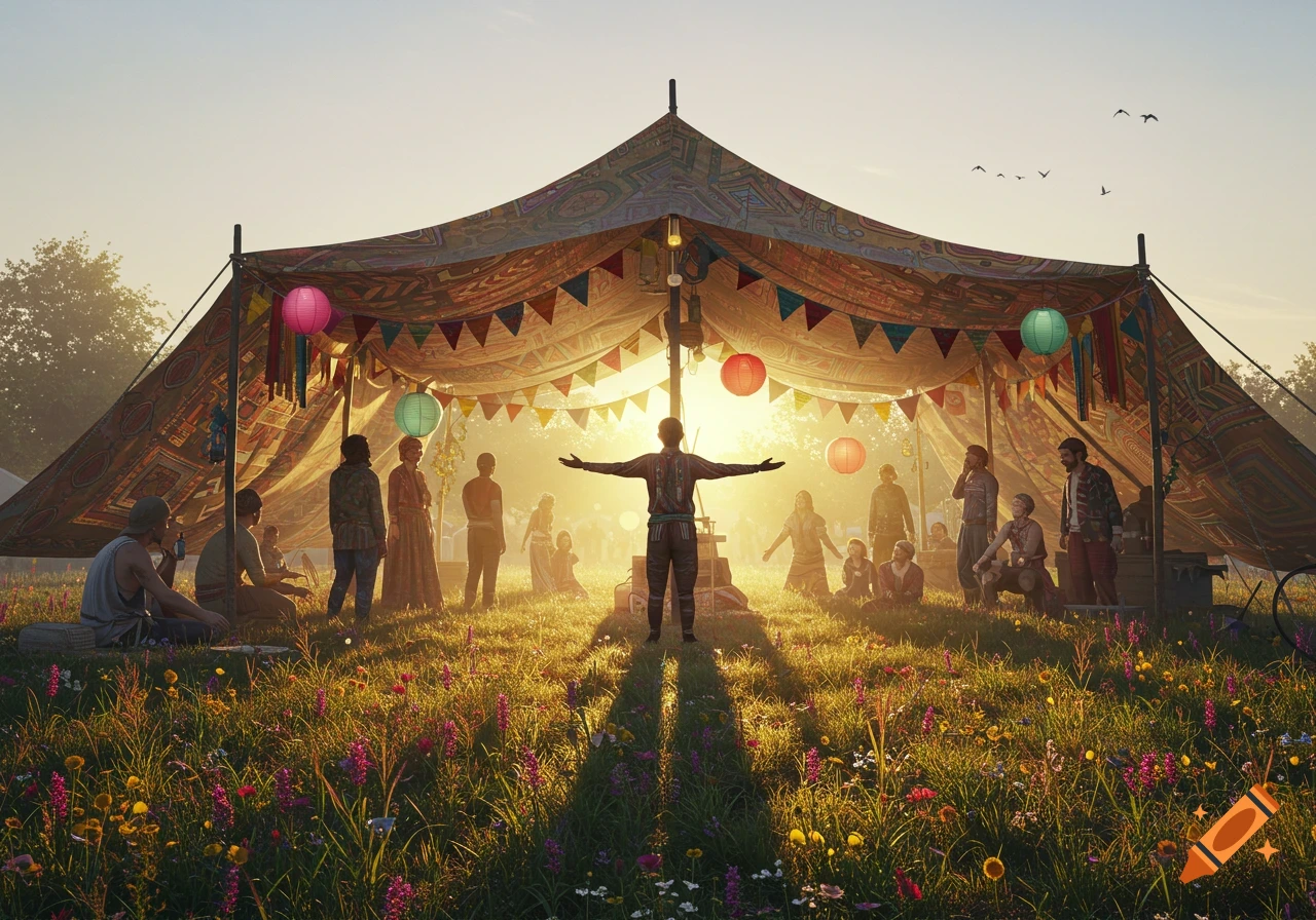 People gather under a decorative tent in a golden sunlit field of wildflowers, with one figure standing centrally.