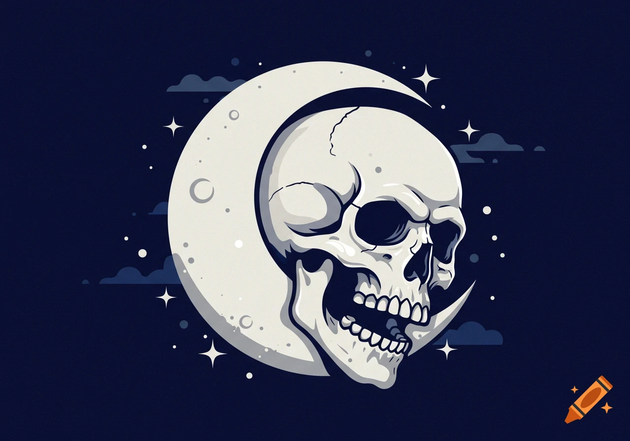 Stylized white skull with open jaw in front of a crescent moon against a dark blue, starry night sky.