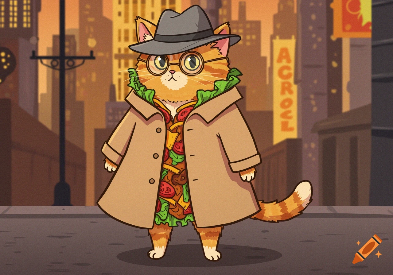 A cute cartoon ginger cat with glasses and a fedora wears an unbuttoned trench coat, revealing a body made of taco ingredients, standing on a city street.