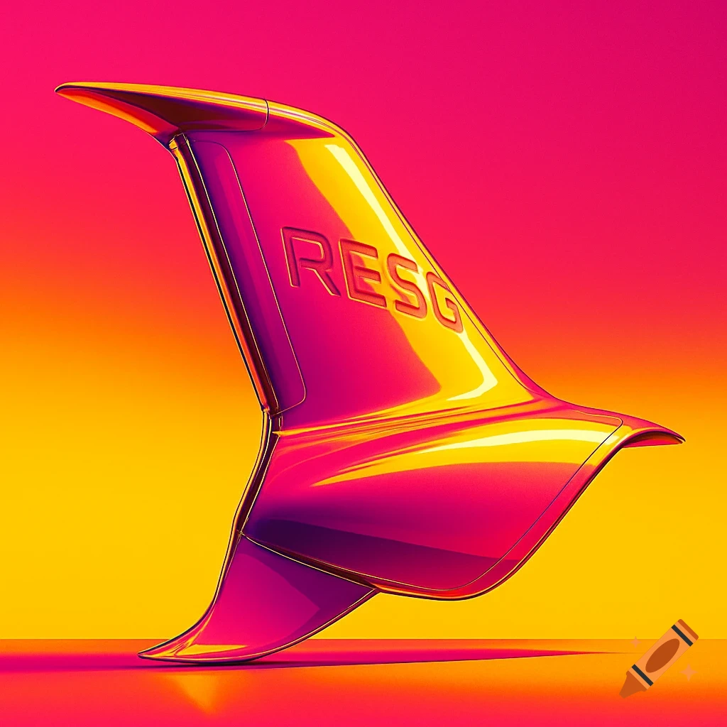 A metallic abstract shape, possibly a rudder, in vibrant yellow and magenta with 'RESG' embossed on it, against a color-graded background.