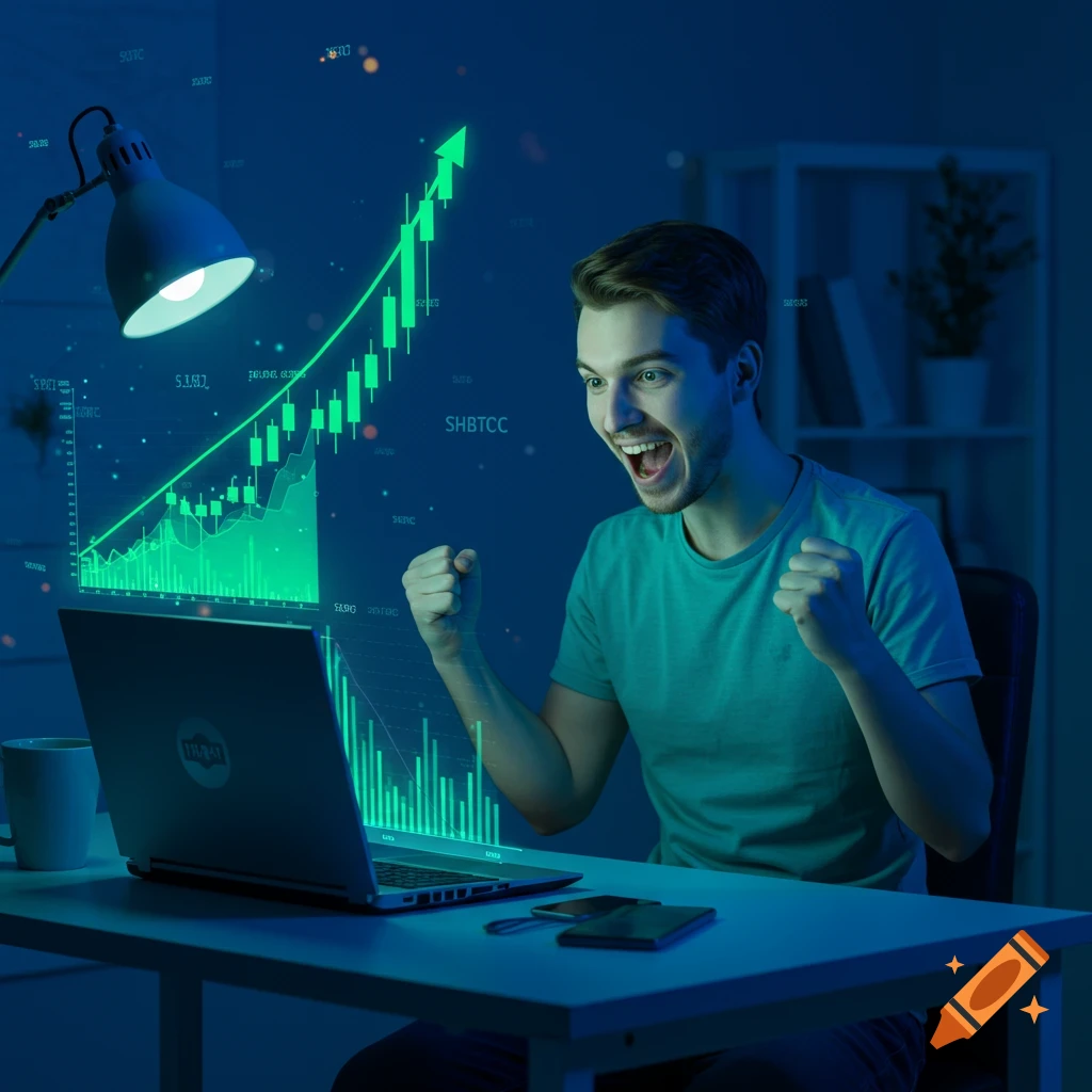 Excited man watching a green crypto currency graph with an upward trend on his laptop at a desk.