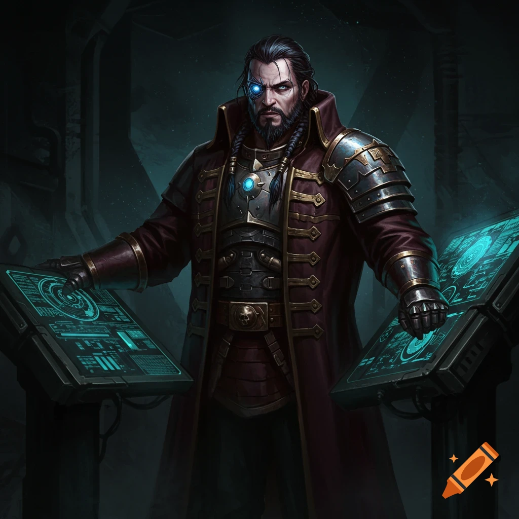 A bearded man with a cybernetic eye, wearing a long red coat over armor, stands in a dark room illuminated by two glowing blue console screens.