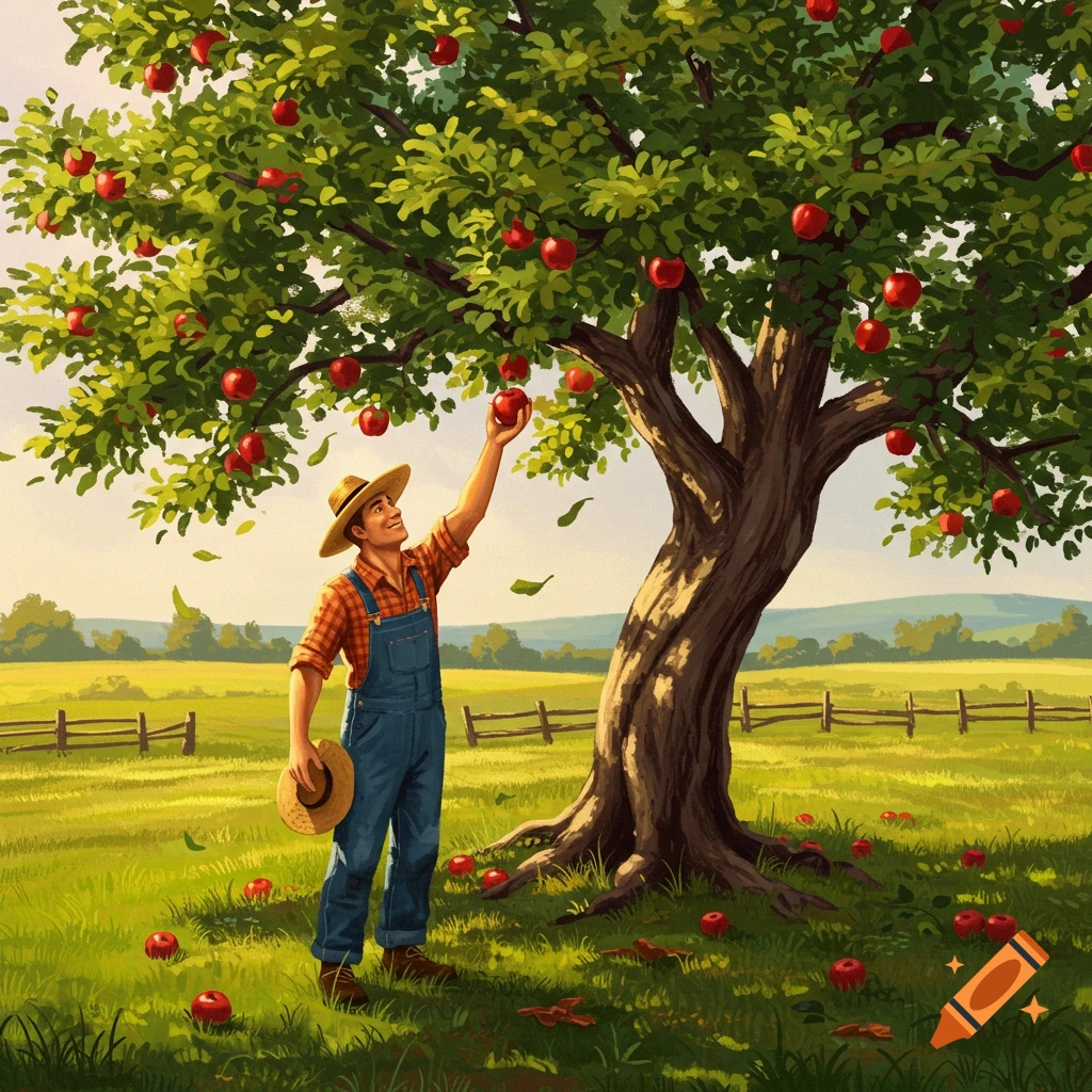 A man in a straw hat and overalls picks an apple from a tree in a sunny, green field, with more apples on the ground. Illustrated style.