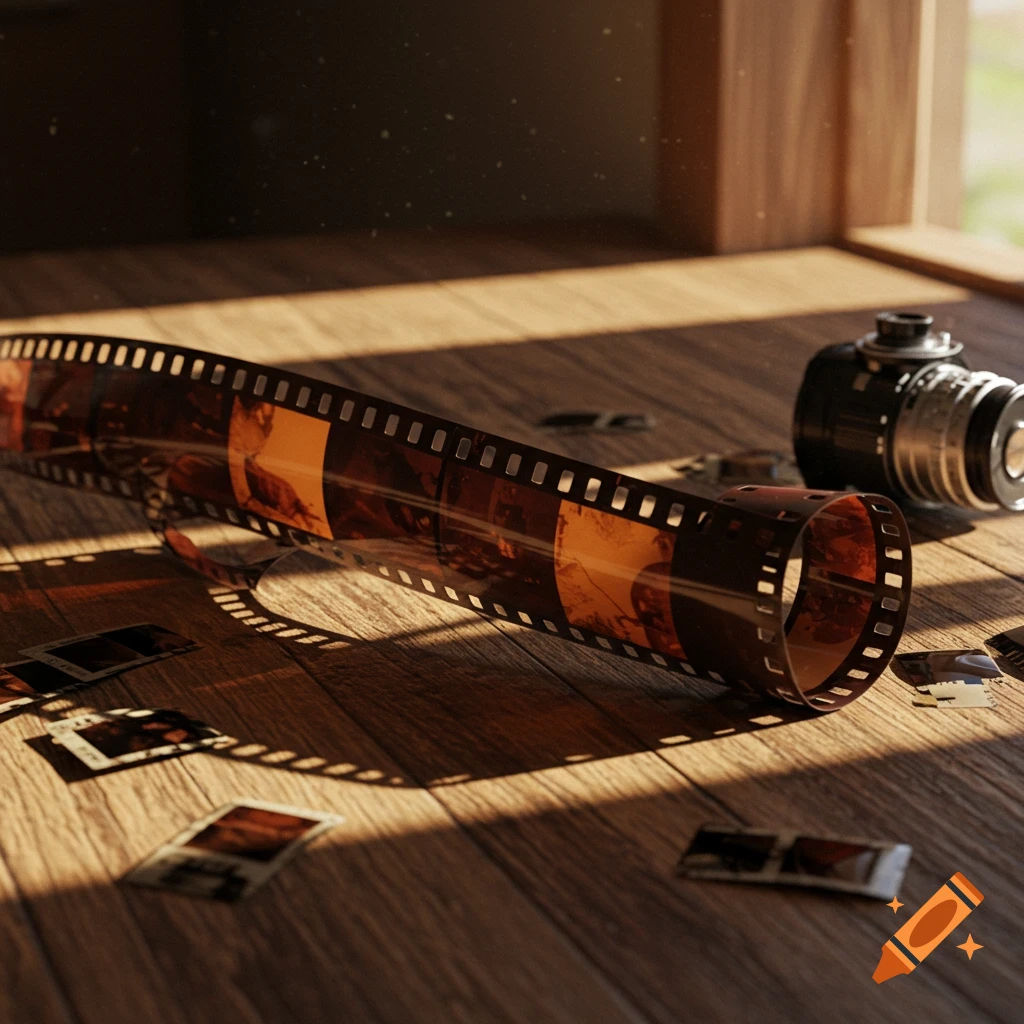 A loose roll of photographic film and scattered negatives on a wooden floor, with a vintage camera in the background.