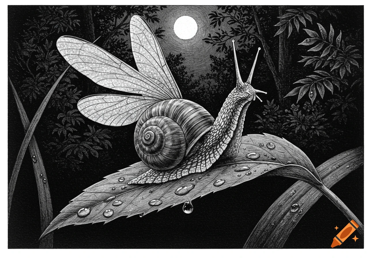 A detailed black and white ink illustration of a snail with large insect wings, resting on a dew-covered leaf under a full moon in a dense forest at night.