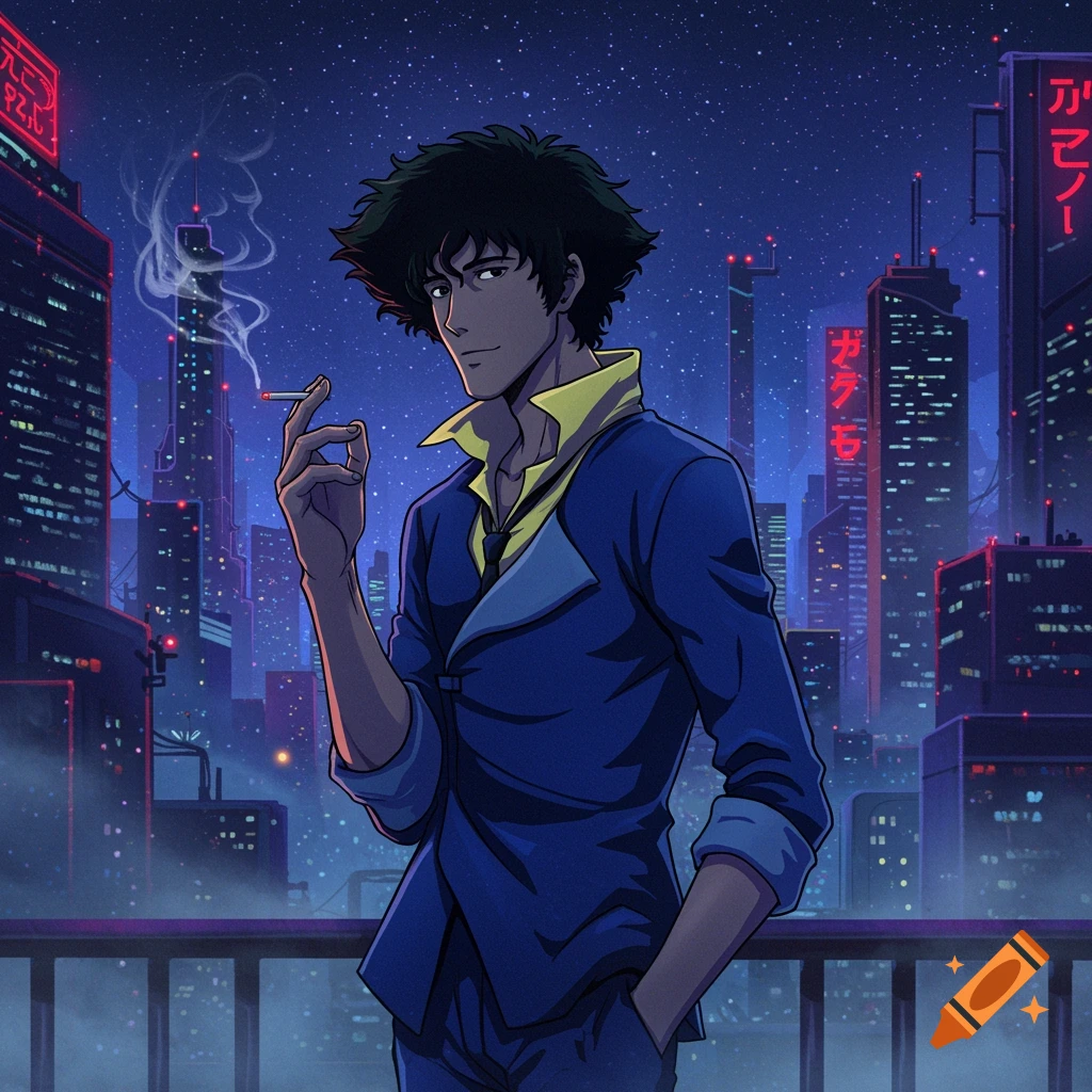 Anime character Spike Spiegel stands on a rooftop in a futuristic city at night, holding a cigarette with smoke rising.
