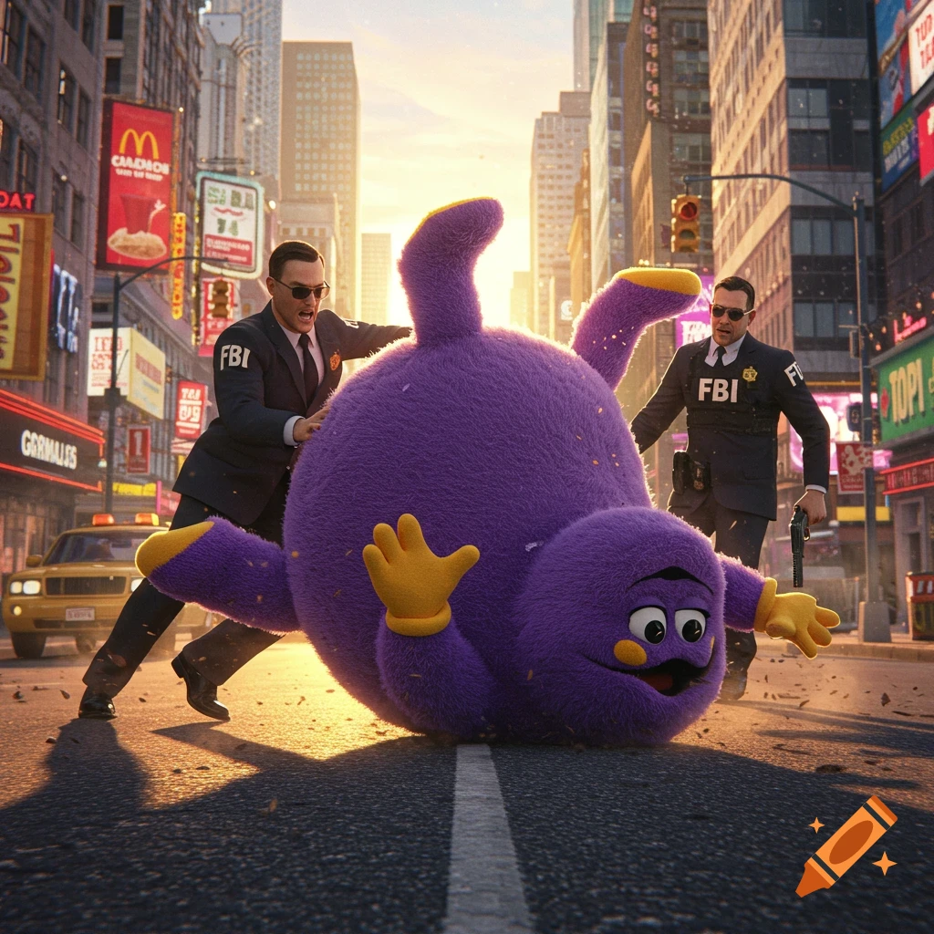 Grimace the purple McDonald's mascot is tackled to the ground by two FBI agents on a city street at sunset, photorealistic style.
